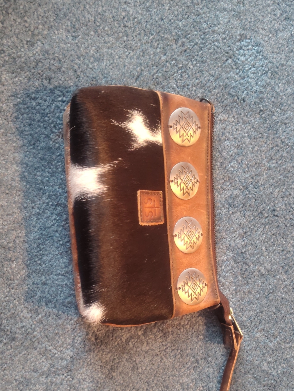 STS Ranchwear Black & White Hair-On Hide Wristlet with Tan Trim and Conchos